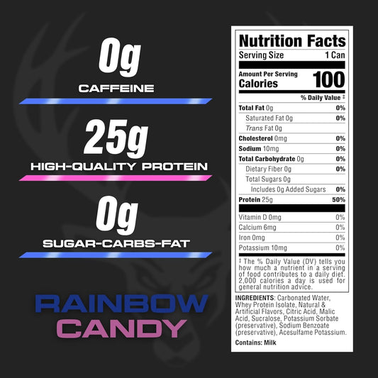 Bucked Up Lightly Carbonated Protein Soda | 25g Whey Isolate - Zero Sugar, Low Calorie, Caffeine Free, Clean Drink | Sparkling Protein Soda - 12 Pack, 16 oz Cans (Rainbow Candy)