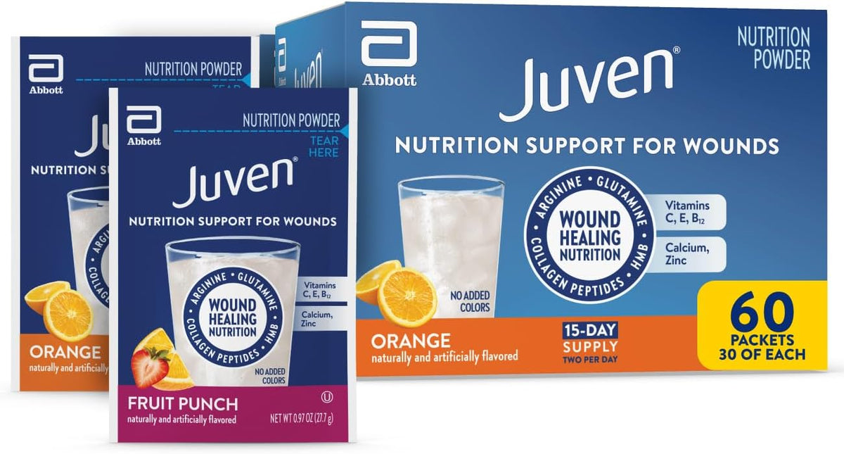 Juven Therapeutic Nutrition Drink Mix Powder for Wound Healing Support, Includes Collagen Protein, Orange 30 Count & Fruit Punch 30 Count, 60 Total Packets