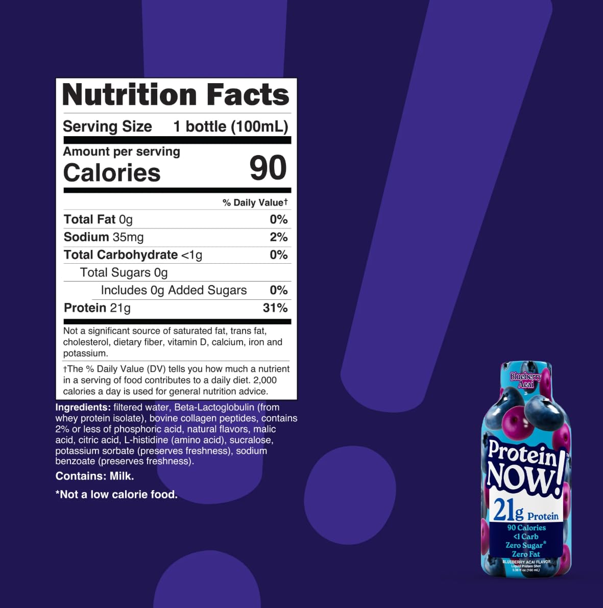 Protein Now Liquid 3 oz. Protein Shot By NutraBio– 21g Protein, 0 Carbs, 0 Fat, GLP-1 Support, Ready-to-Drink, No Refrigeration, Whey & Collagen Protein for Hair, Skin & Nails, On-the-Go Nutrition- Blueberry Acai