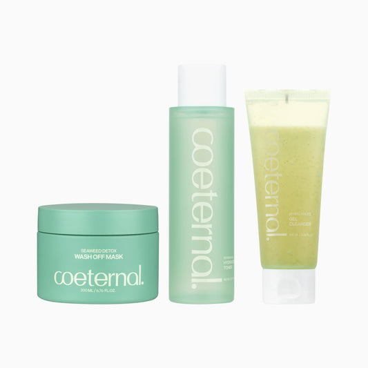 coeternal Full Prep Set, pH Balanced Gel Cleanser, Seaweed Detox Wash Off Mask and Refreshing Hydration Toner, Korean Skincare