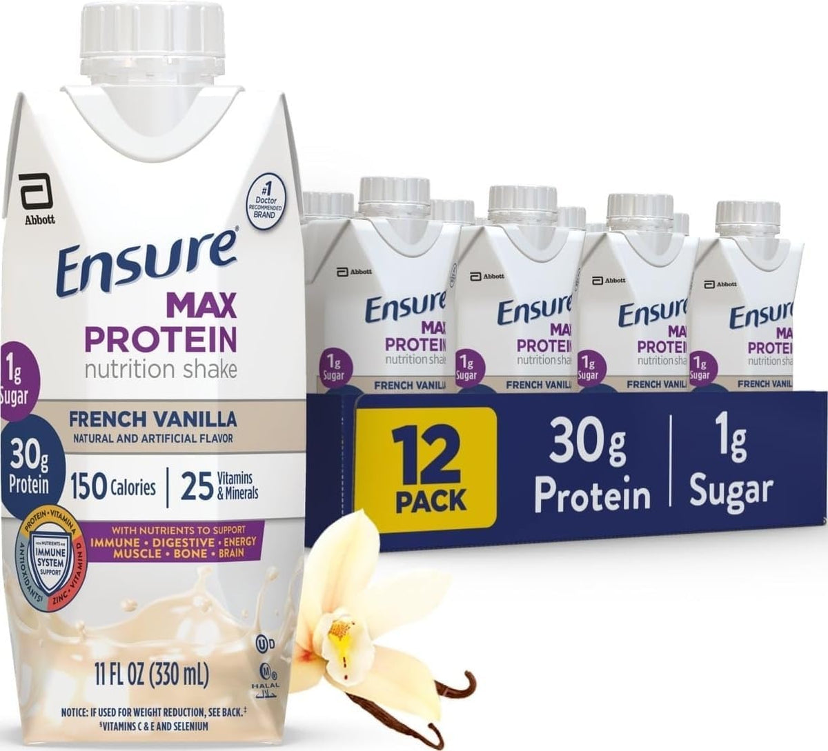 Ensure Max Protein French Vanilla Shake, 30g High Protein, 12 Pack