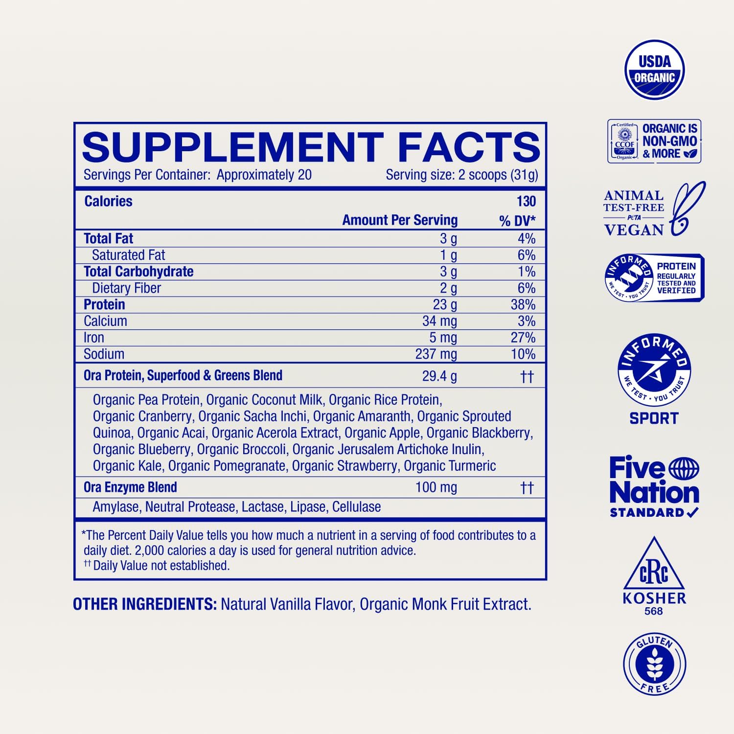 Ora Organic Vegan Protein Powder for Women & Men - Vanilla, 20 Servings