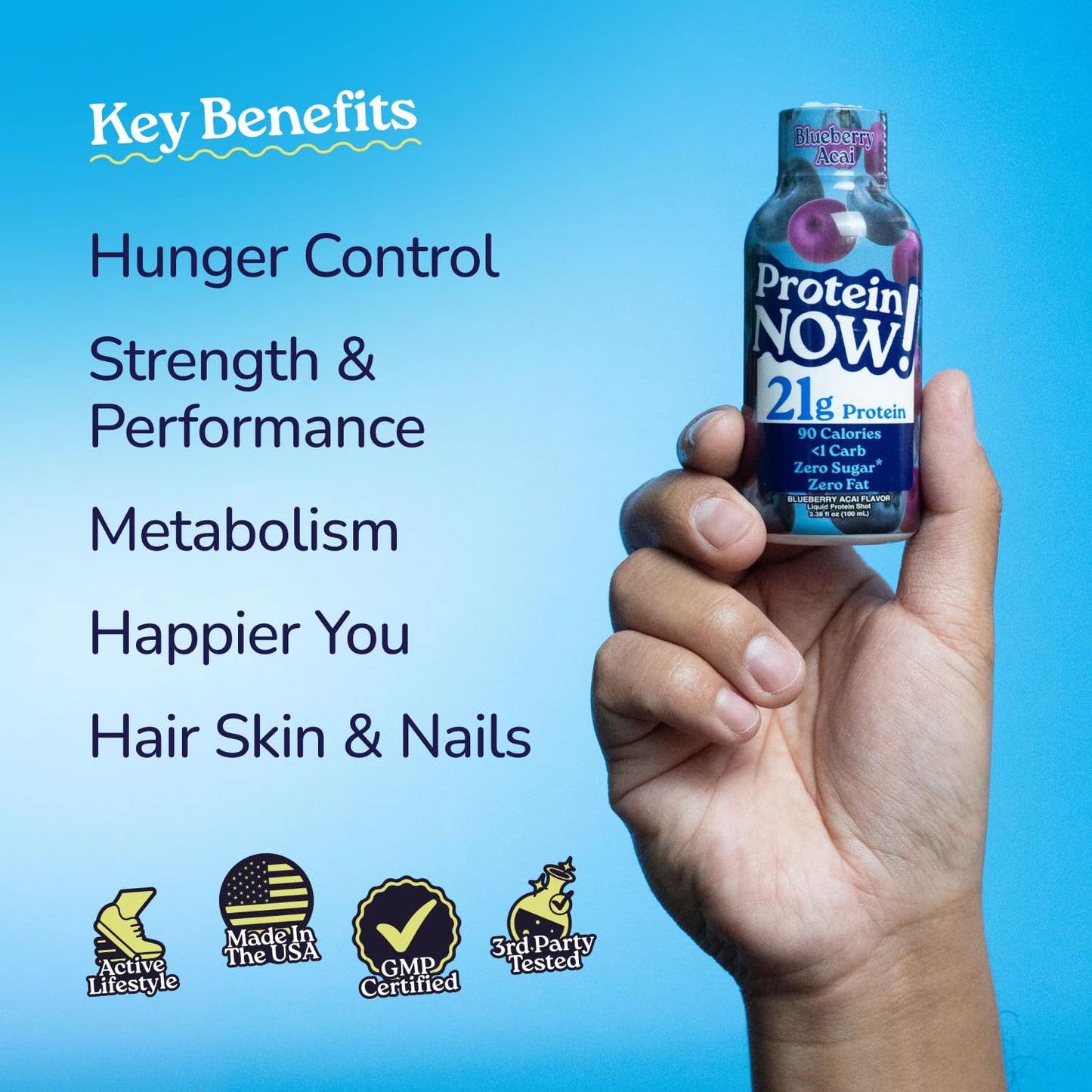 Protein Now Liquid 3 oz. Protein Shot By NutraBio– 21g Protein, 0 Carbs, 0 Fat, GLP-1 Support, Ready-to-Drink, No Refrigeration, Whey & Collagen Protein for Hair, Skin & Nails, On-the-Go Nutrition- Blueberry Acai
