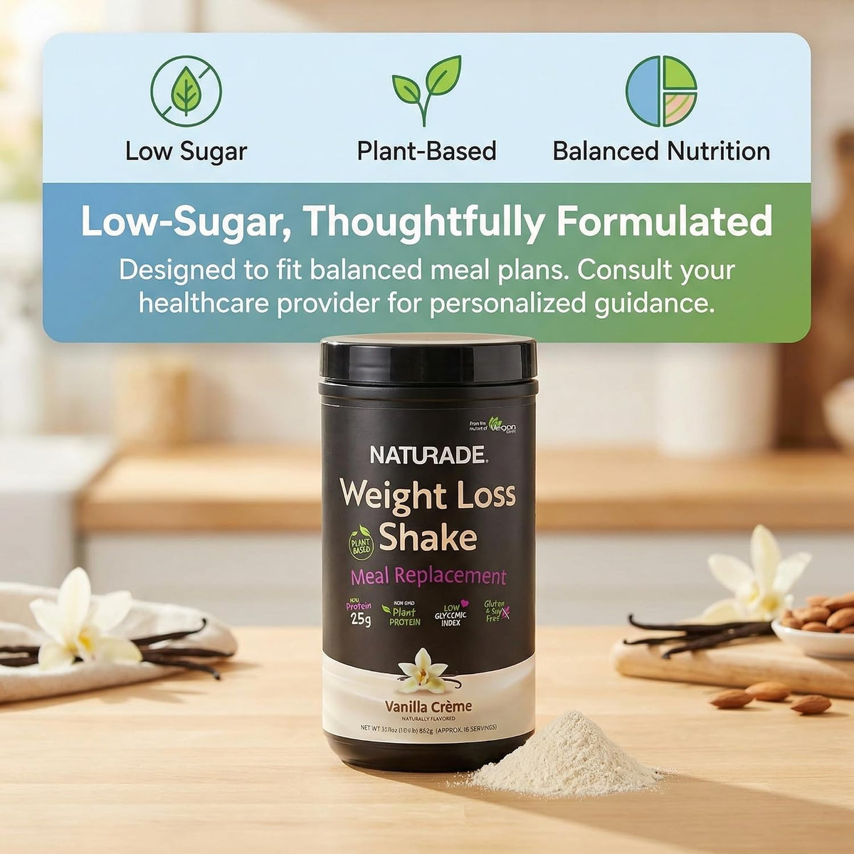 Plant-Based Meal Replacement Shake | 25g Complete Protein, Fiber & 18 Vitamins | Creamy Vanilla | Low Sugar Nutrition to Support Daily Wellness, Balance & Satiety | Naturade Weight Loss - 31.1 oz
