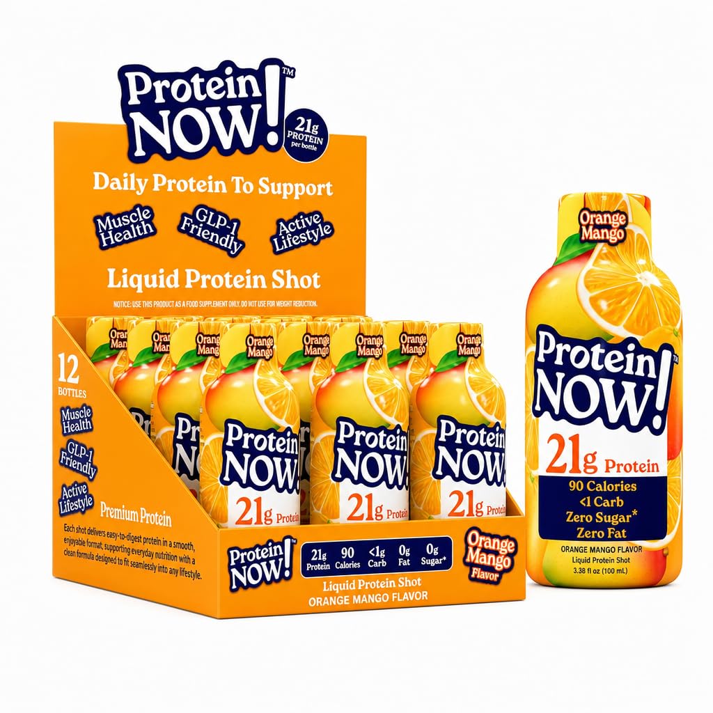 Protein Now Liquid 3 oz. Protein Shot By NutraBio– 21g Protein, 0 Carbs, 0 Fat, GLP-1 Support, Ready-to-Drink, No Refrigeration, Whey & Collagen Protein for Hair, Skin & Nails, On-the-Go Nutrition- Blueberry Acai