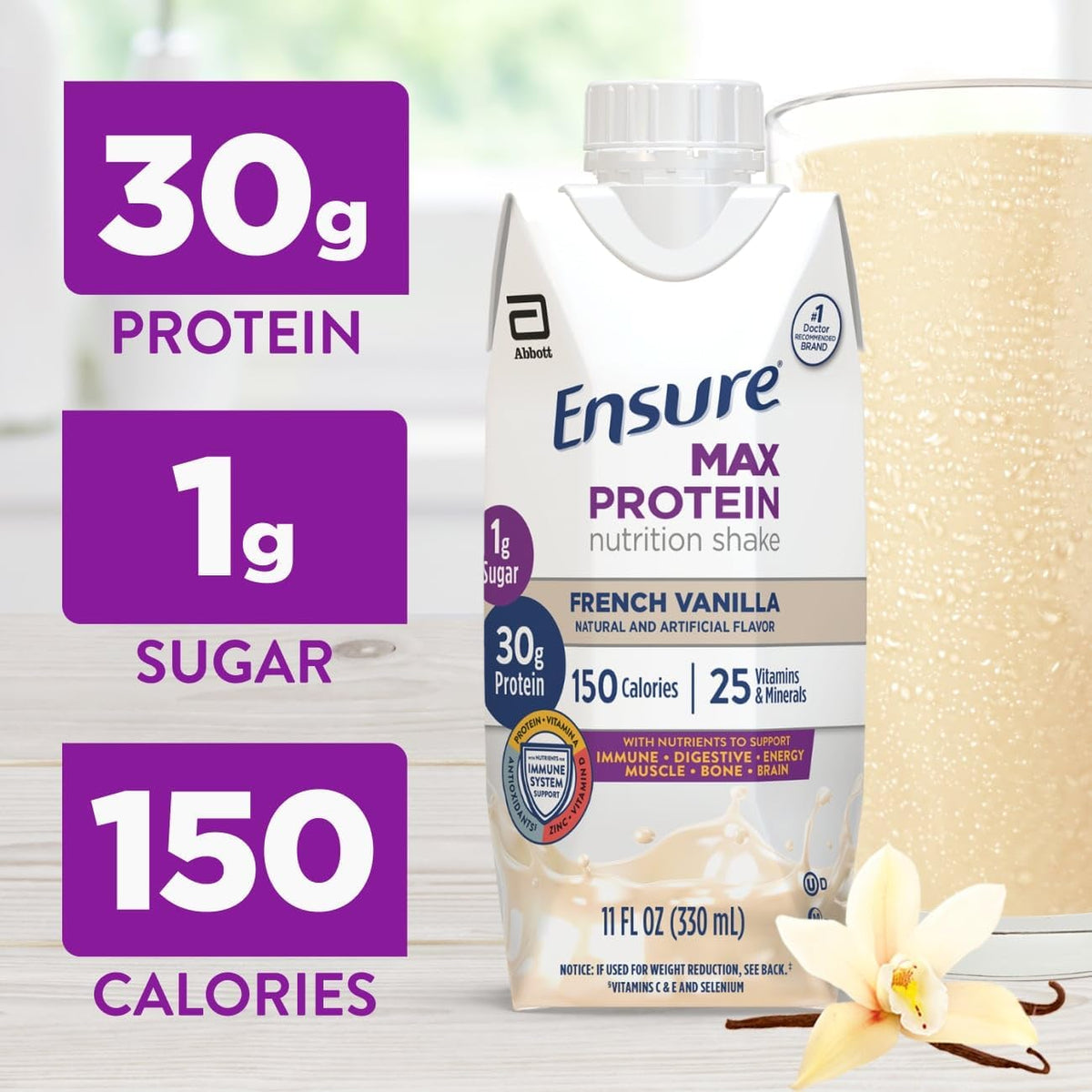 Ensure Max Protein French Vanilla Shake, 30g High Protein, 12 Pack