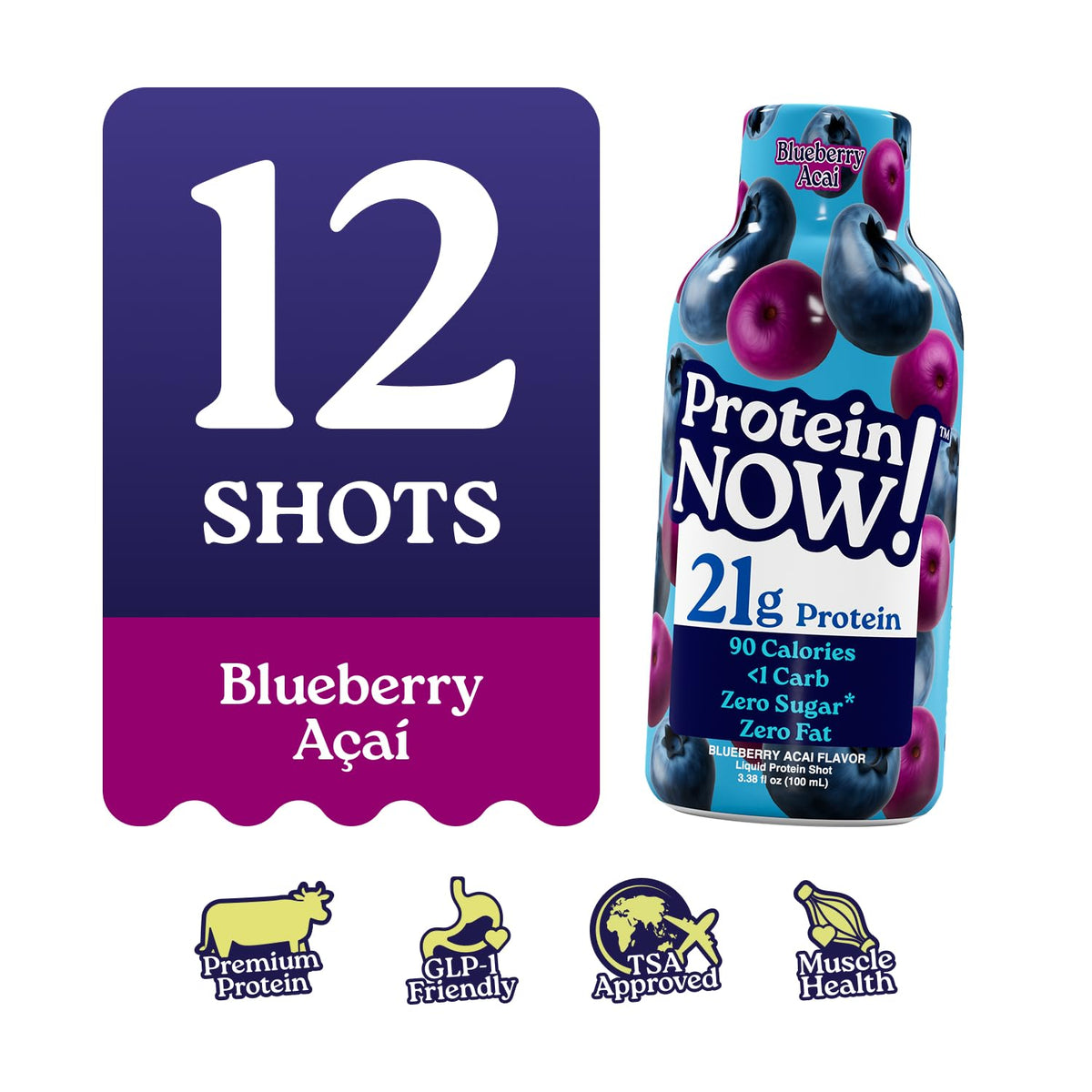 Protein Now Liquid 3 oz. Protein Shot By NutraBio– 21g Protein, 0 Carbs, 0 Fat, GLP-1 Support, Ready-to-Drink, No Refrigeration, Whey & Collagen Protein for Hair, Skin & Nails, On-the-Go Nutrition- Blueberry Acai