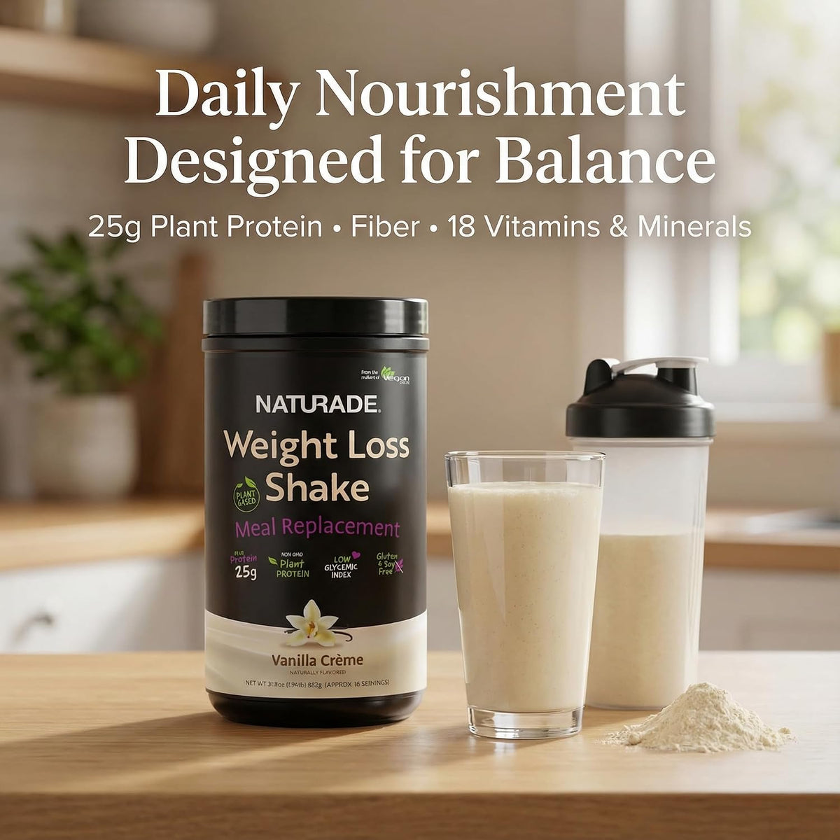 Plant-Based Meal Replacement Shake | 25g Complete Protein, Fiber & 18 Vitamins | Creamy Vanilla | Low Sugar Nutrition to Support Daily Wellness, Balance & Satiety | Naturade Weight Loss - 31.1 oz