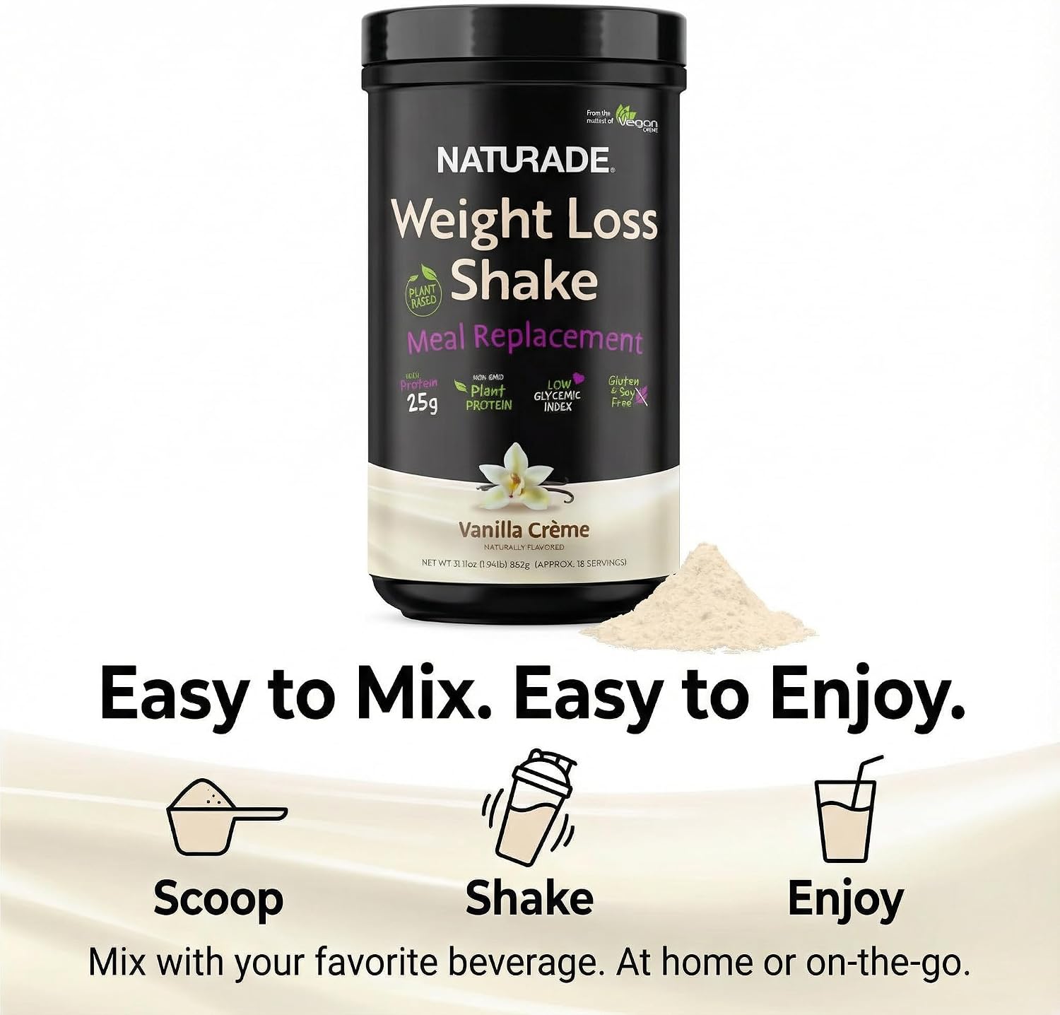 Plant-Based Meal Replacement Shake | 25g Complete Protein, Fiber & 18 Vitamins | Creamy Vanilla | Low Sugar Nutrition to Support Daily Wellness, Balance & Satiety | Naturade Weight Loss - 31.1 oz