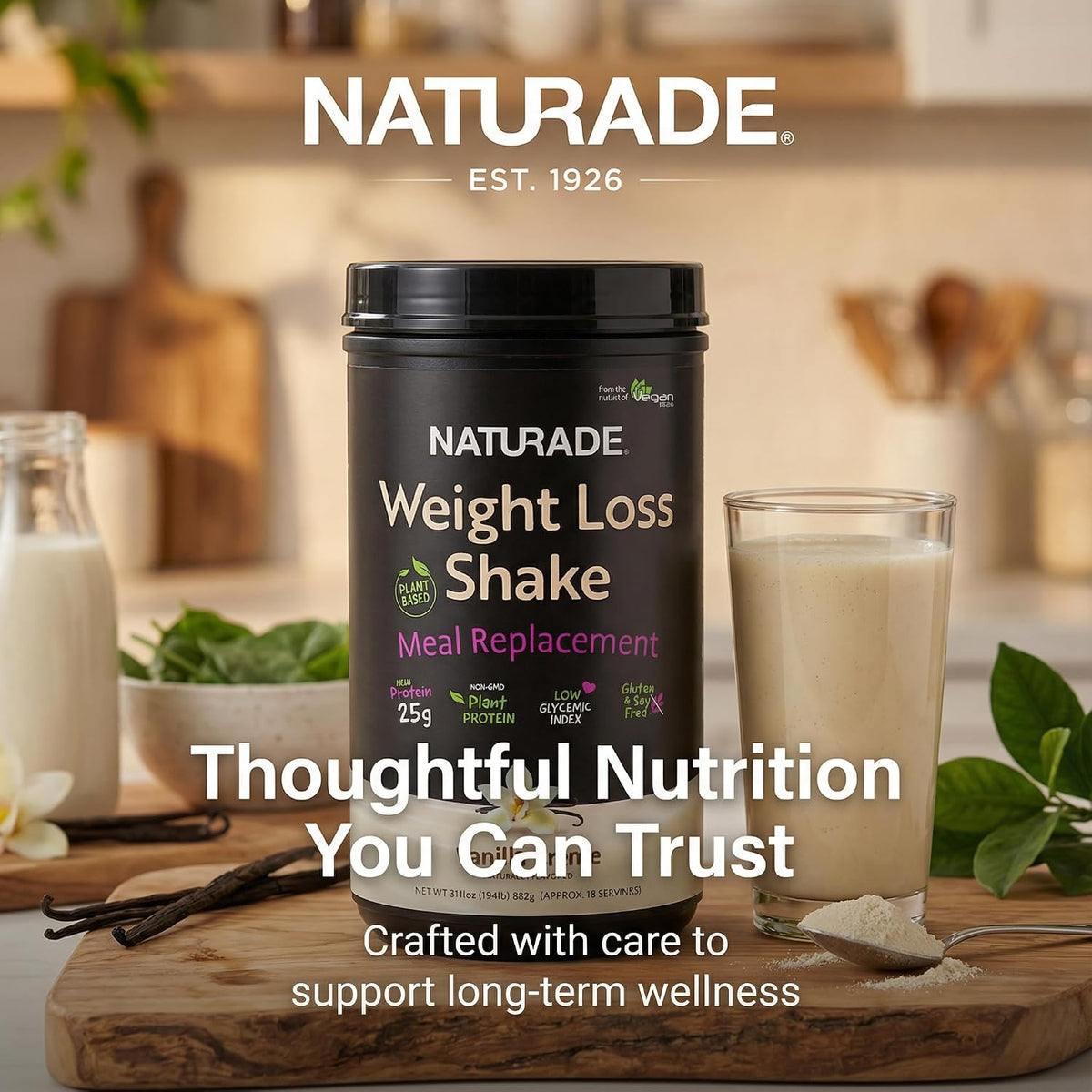 Plant-Based Meal Replacement Shake | 25g Complete Protein, Fiber & 18 Vitamins | Creamy Vanilla | Low Sugar Nutrition to Support Daily Wellness, Balance & Satiety | Naturade Weight Loss - 31.1 oz